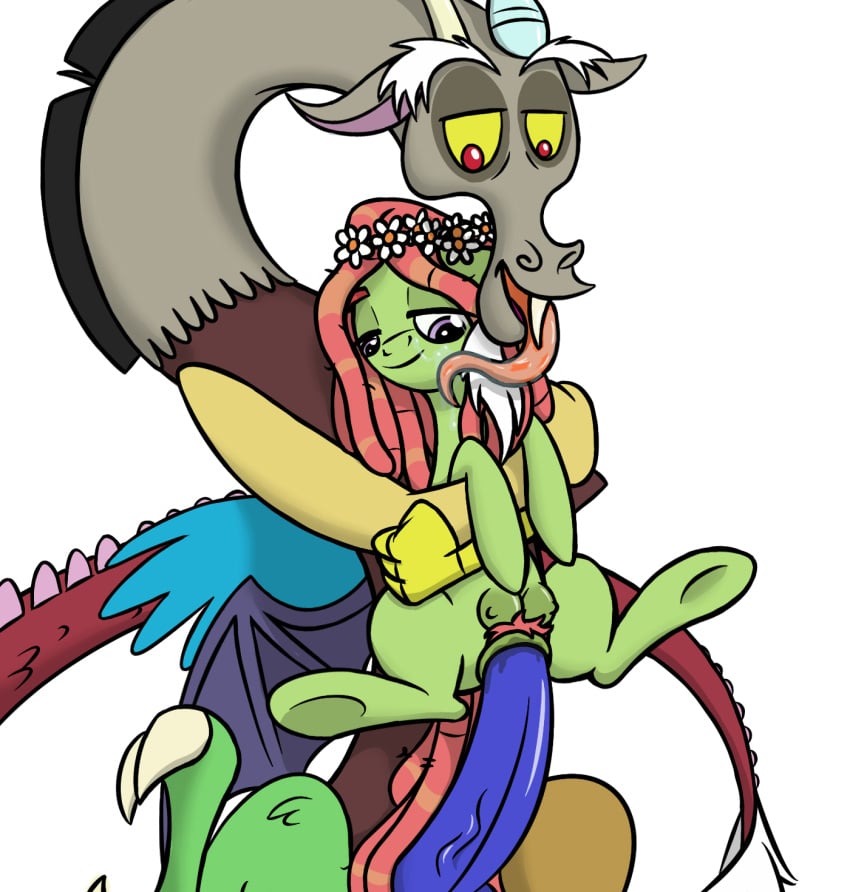 animal_genitalia animal_pussy arms_around_torso big_penis chimera crotchboobs discord_(mlp) draconequus dreadlocks duo earth_pony equid equine equine_pussy female feral flowers_in_hair friendship_is_magic genitals hi_res holding_up horse looking_at_another looking_down male male/female mammal my_little_pony penetration penis pony pussy simple_background spread_legs spreading tongue tongue_out tree_hugger_(mlp) vadytwy vaginal_penetration white_background