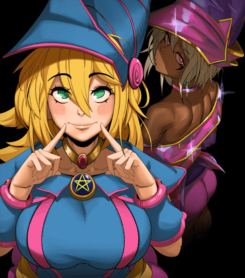 2girls apprentice_illusion_magician ass big_ass big_breasts blonde_hair breasts dark-skinned_female dark_magician_girl dark_skin female female_only fully_clothed green_eyes huge_breasts kevbot large_breasts light-skinned_female light_skin looking_at_viewer looking_back pink_eyes white_hair yu-gi-oh!