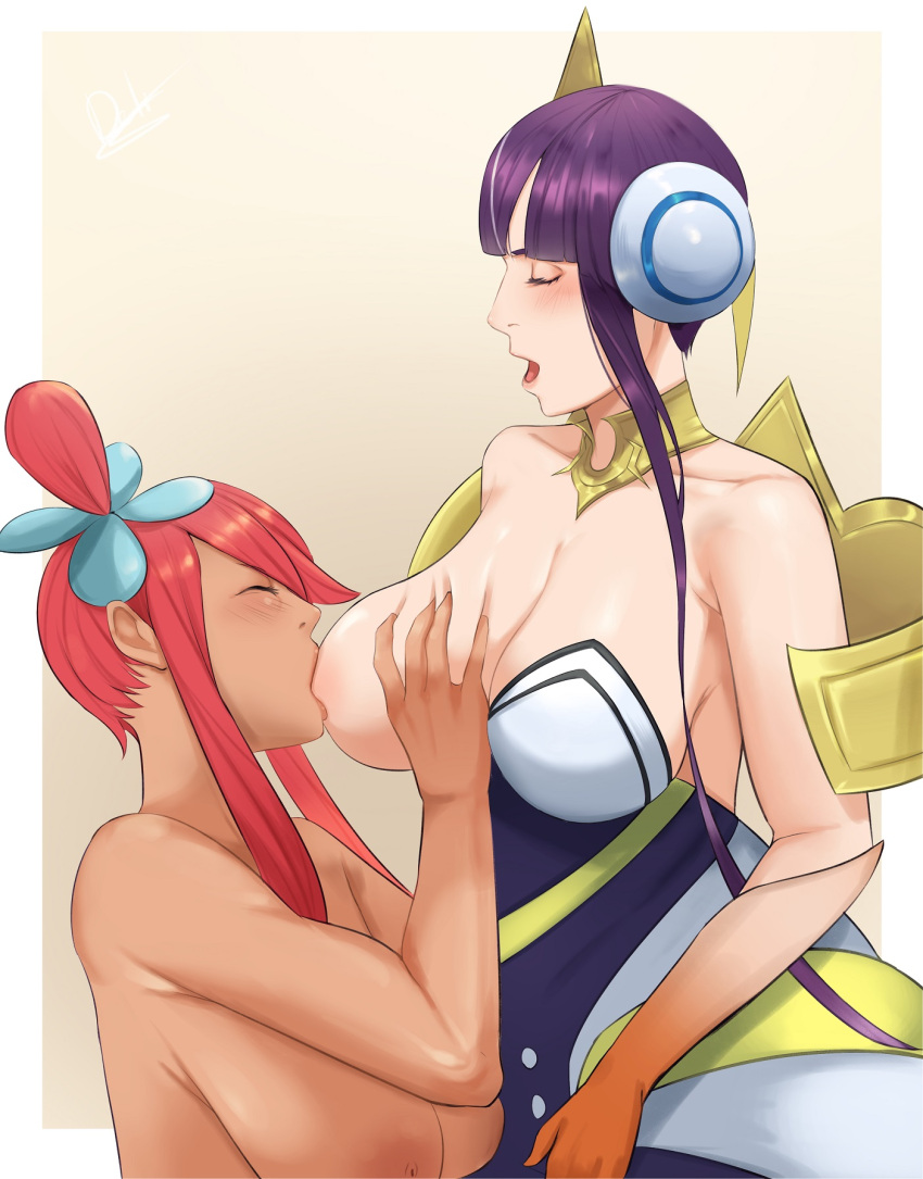 2girls alternate_breast_size bangs black_hair blush breast_fondling breast_squeeze breast_sucking breastfeeding breasts closed_eyes clothed collar consenting_breast_sucking consenting_breastfeeding deliciousbra dress elesa_(pokemon) elesa_(pokemon_bw2) female female/female female_focus female_only game_freak gloves gym_leader hair_piece headphones human interracial_yuri large_breasts lesbian multiple_girls naked nintendo nipples one_breast_out pale_skin pleasure_face pokemon pokemon_masters pokemon_masters_ex red_hair short_hair sideboob skyla_(pokemon) sucking sucking_huge_breast sucking_nipples suckling sygna_suit_elesa tan_skin top_pulled_down woman_sucking_breast yuri