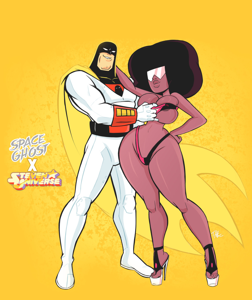 1boy 1girls absurdres afro areola_slip areolae assisted_exposure big_hair bikini bodysuit breasts brown_hair cape cartoon_network clothed_male copyright_name cowl crossover curvy_female dark-skinned_female dark_skin duo eyewear feet female footwear front_view full_body garnet_(steven_universe) gem_(species) gem_fusion hand_on_hip hanna-barbera hfg high_heels highres huge_breasts human male muscular_male navel signature smile smirk space_ghost space_ghost_(series) standing steven_universe stiletto_heels straight terryalec thick_thighs thin_arms thin_waist toes visor voluptuous wide_hips