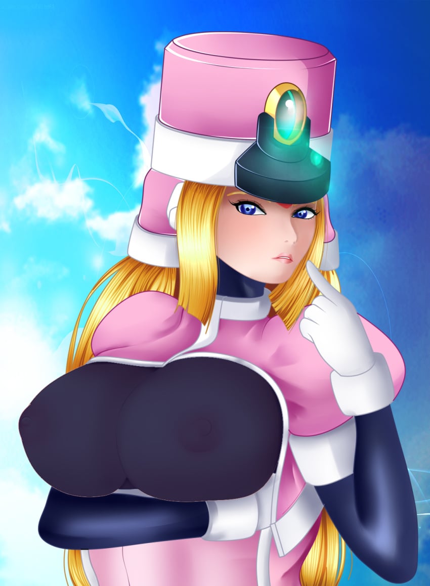 android blonde_hair blue_eyes blush bodysuit breast breasts capcom female gloves hat large_breasts lluanhyperzero long_hair mega_man mega_man_zx nipples prairie solo white_gloves