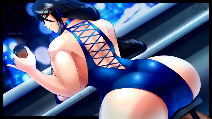 1girls 2020 4k absurdres alcohol ass ass_focus back back_muscles backless_outfit big_ass black_hair blue_eyes dress female female_only highres holding_glass long_hair looking_at_viewer looking_back multicolored_hair muscles muscular muscular_female original rainbow_hair smile solo suketchib suki_(suketchib) thick_thighs white_skin wide_hips