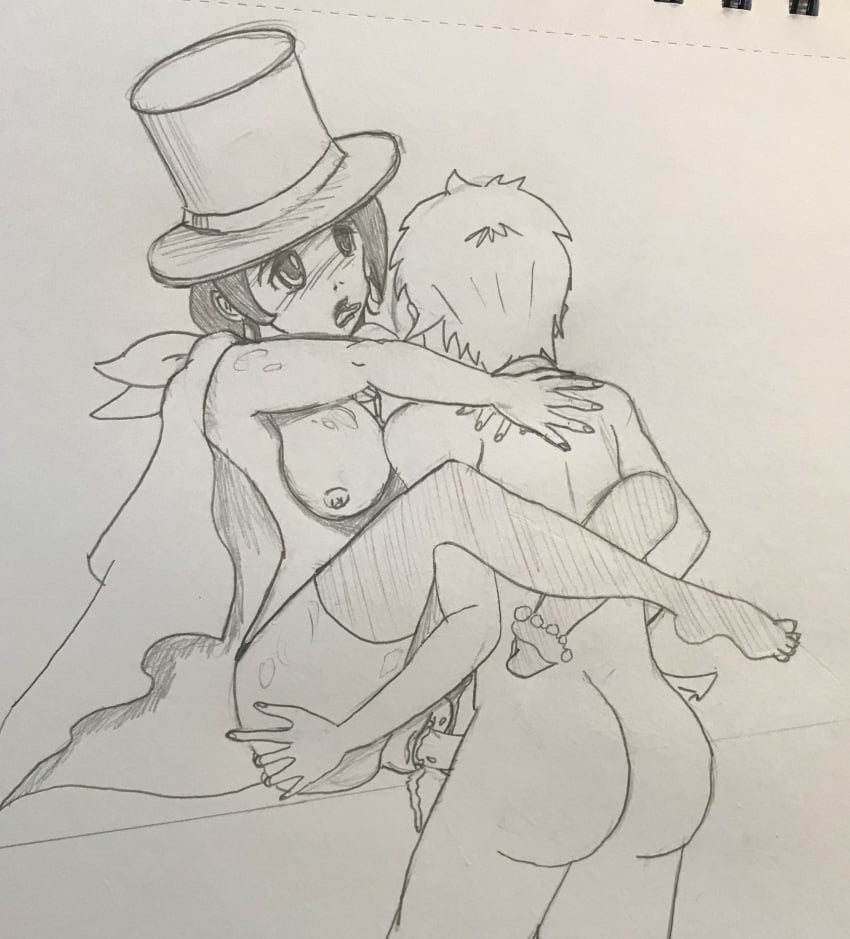 1boy 1girls female gyakuten_saiban male monochrome naruhodou_minuki sex sketch traditional_media_(artwork) trucy_wright vaginal_penetration