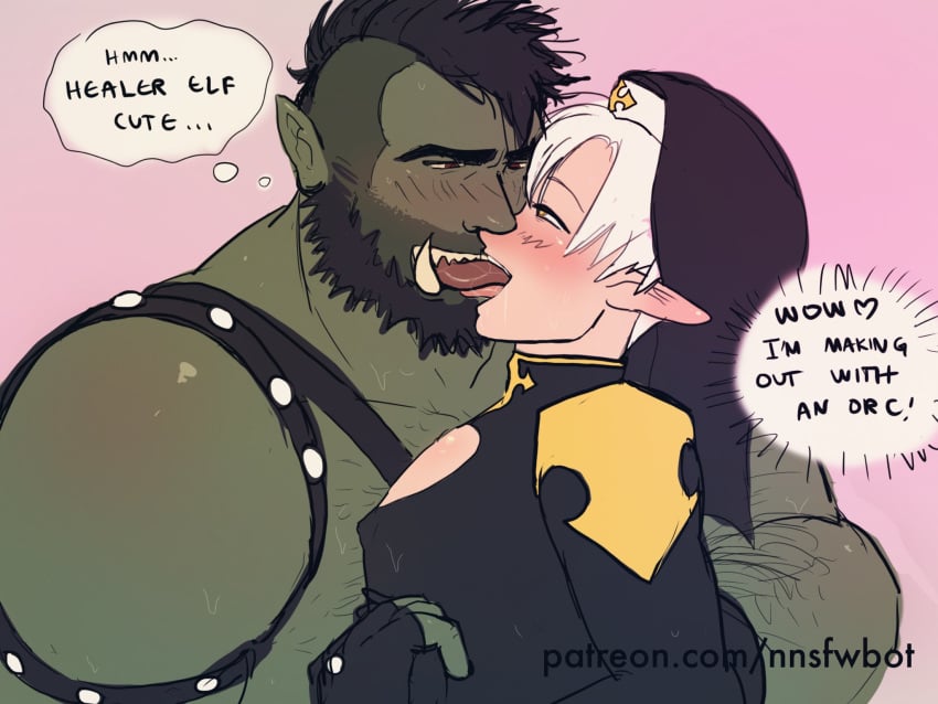 2boys bara bara_on_femboy beard black_hair blush cutout elf femboy french_kiss green_skin harness healer kissing male male_nun male_only monster_on_femboy nnsfwbot nun's_habit orc sweat text undercut white_hair yaoi