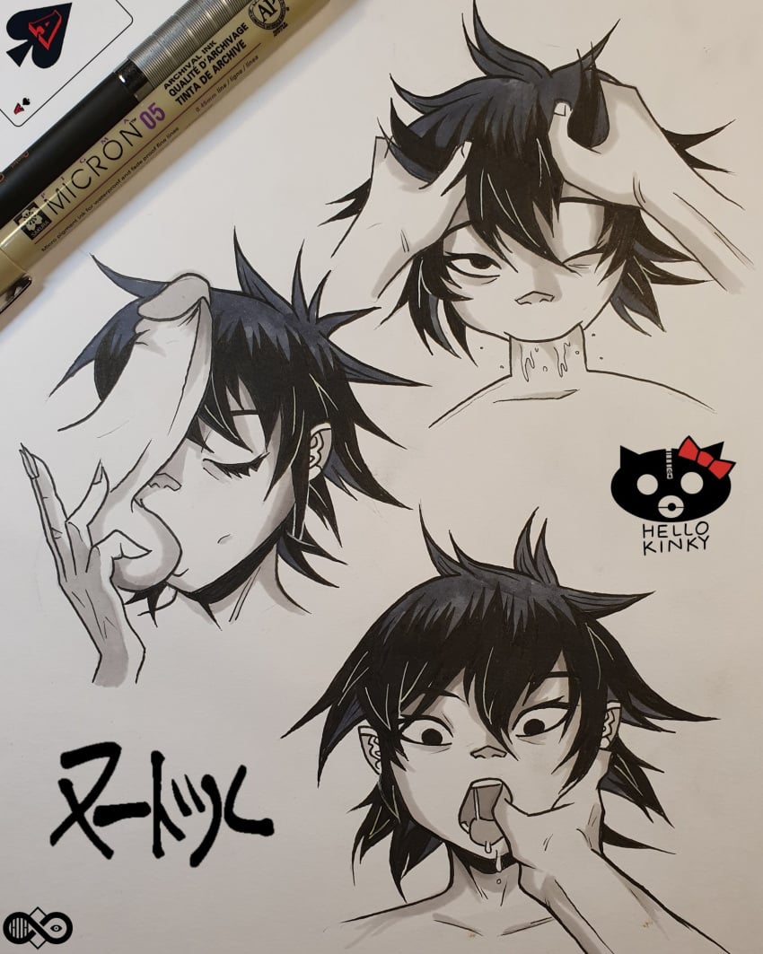 asian cum_in_mouth deepthroat emo fellatio finger_in_mouth finger_in_throat gorillaz hand_on_balls hands_on_head harrisartz head_grab messy_hair noodle_(gorillaz) open_mouth penis_on_face skinny spread_mouth throat tight_throat