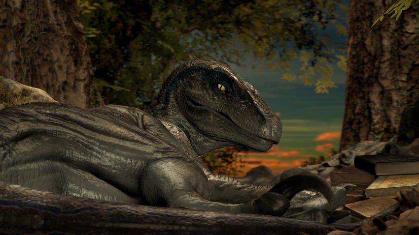 16:9 3d animal_genitalia blue_(jurassic_world) book cloaca dinosaur dromaeosaurid female feral genitals hi_res jurassic_park jurassic_world looking_at_viewer lying nude on_side outside raptor_claws reptile scales scalie solo source_filmmaker thepasserbye theropod universal_studios velociraptor widescreen yellow_eyes