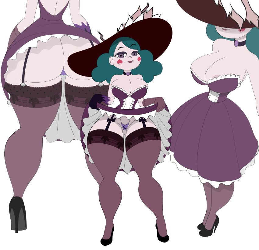 alevioleta101 areola_slip ass ass_visible_through_thighs big_ass big_breasts big_butt bottom_heavy breasts bubble_butt cheek_markings choker cleavage disney disney_channel disney_xd dress dress_lift eclipsa_butterfly fat_ass female female_only garter_straps green_hair huge_breasts large_ass large_breasts looking_at_viewer pale-skinned_female panties purple_dress purple_eyes star_vs_the_forces_of_evil stockings thick_ass thick_thighs voluptuous white_female