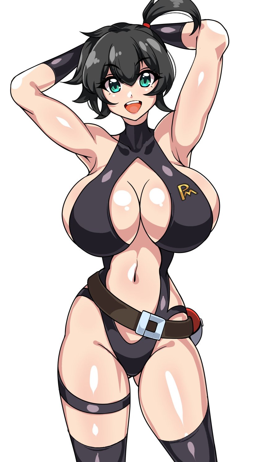 1girls armpits belt big_breasts black_gloves black_hair black_sling_bikini black_thighhighs blue_eyes breasts cleavage female female_only gloves hands_behind_head huge_breasts kasumi_(pokemon) pokeball pokemon skimpy skimpy_clothes sling_bikini smile solo solo_female swimsuit swimwear the_electric_tale_of_pikachu thick_thighs thighhighs thighs volyz