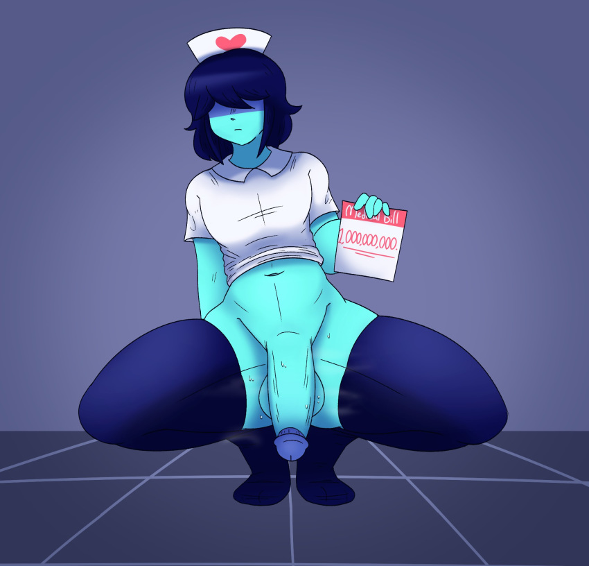 1boy blue_skin deltarune eyes_covered femboy hornynym kris_(deltarune) male male_only musk nurse nurse_cap nurse_uniform presenting_penis solo steam thick_thighs