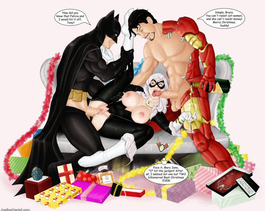 1girls 2boys alcohol batman batman_(series) big_breasts black_bodysuit black_cat_(marvel) black_hair blowjob bottle breasts breasts_out candle_(artist) christmas clothed crossover dc dc_comics domino_mask drunk english_text felicia_hardy fellatio female goatee iron_man iron_man_(series) jewelry justicehentai.com marvel marvel_comics mask nipples partially_clothed penis pussy sex smile speech_bubble spider-man_(series) spread_legs text threesome tony_stark vagina vaginal_insertion vaginal_penetration vaginal_sex white_background white_hair