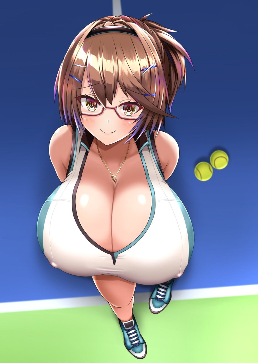 big_breasts brown_hair cute dyed_hair eyeliner eyewear glasses happy huge_breasts large_breasts legs mameneko minami_rina necklace nipples_visible_through_clothing short_hair smile tennis tennis_ball