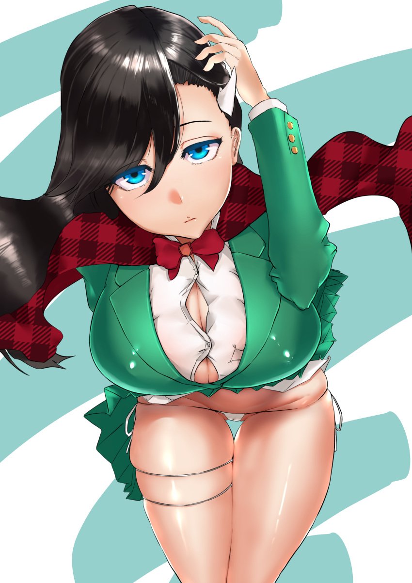 1girls black_hair bleach blue_eyes breasts burn_the_witch cape capelet cleavage closed_mouth clothing female horn_ornament large_breasts long_hair looking_at_viewer maraku_kogome noel_niihashi solo thick_thighs thigh_gap thigh_strap thong