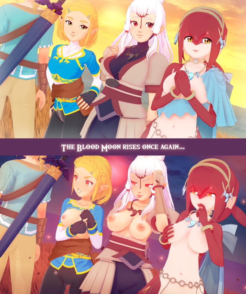 1boy 2koma 3d 3girls biting_finger blood_moon bob_cut breasts breath_of_the_wild clothed corruption english_text exposed_breasts female glowing_eyes hylian imminent_rape link link_(breath_of_the_wild) lust male mipha multiple_girls nipples oblivious outdoors partially_clothed paya_(the_legend_of_zelda) possession princess_zelda puppet_zelda red_moon sheikah sky tears_of_the_kingdom text the_legend_of_zelda witchanon zelda_(tears_of_the_kingdom) zora