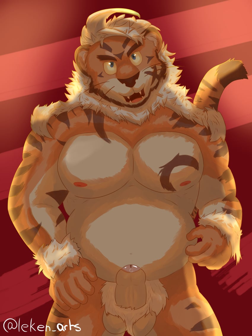 3:4 absurd_res anthro belly bodily_fluids body_hair erection felid genital_fluids happy_trail hi_res hombretigre housamo leken_(artist) male male_only mammal musclegut pantherine pecs precum solo tiger tokyo_afterschool_summoners video_games