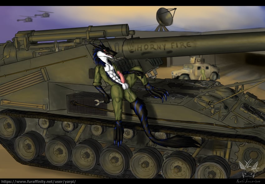 2020 abs artillery balls black_bars black_body black_fur blue_stripes desert evil_grin fur genitals kamiru_the_sergal letterbox male male_only military narrowed_eyes penis pink_penis pinup pose red_eyes sergal smile spread_legs spreading stripes tank teeth text url vehicle yarpi