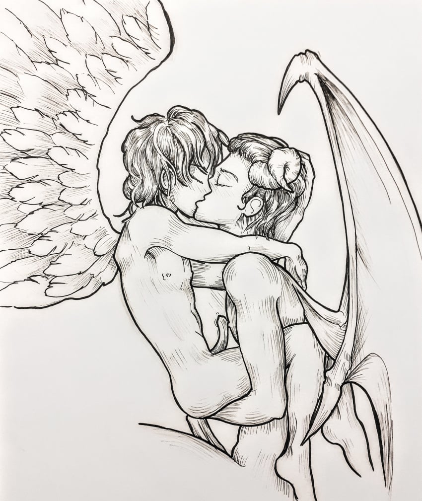 2boys anal angel angel_and_devil boy demon devil erection feathers fictional_interracial gay incubus kissing lust male male/male male_on_male male_only missionary_position nude suspended_congress_position wings yaoidrinker