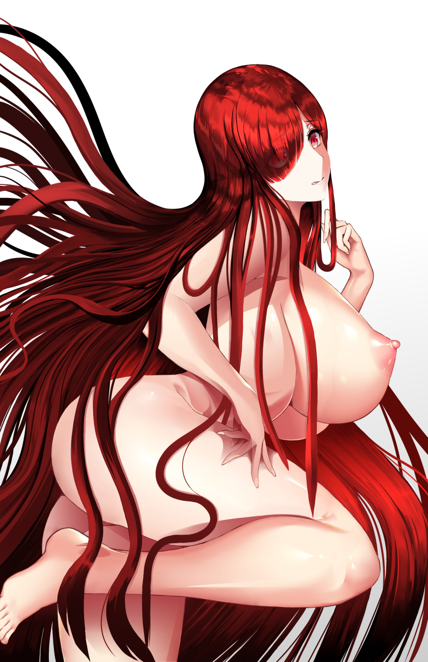 big_ass eyebrows_visible_through_hair fate/grand_order fate_(series) female female_focus female_only hair_covering_eye hair_covering_pussy hair_over_one_eye hand_on_thigh huge_breasts looking_at_viewer naked nude nude_female oda_nobunaga_(avenger)_(fate) oda_nobunaga_(fate) red_eyes red_hair thick_thighs underboob very_long_hair