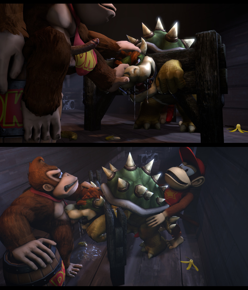 3boys 3d 3d_(artwork) anal anal_sex ape black_bars bondage boner bound bowser diddy_kong digital_media_(artwork) donkey_kong donkey_kong_(series) erection fellatio foot_fetish foot_on_face forced gay gay_anal gay_sex group haplorhine hi_res humanoid humiliation koopa letterbox male male/male male_only mammal mario_(series) multiple_boys nintendo open_mouth oral penetration penile penis primate rape scalie sex source_filmmaker standing stocks stormrider video_games yaoi