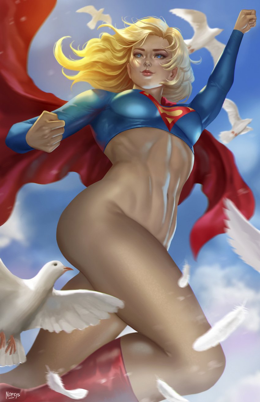 1girls bird birds blonde_hair blue_eyes bottomless dc female female_only kara_zor-el long_hair no_panties nopeys realistic red_cape solo supergirl supergirl_(series) superheroine superman_(series)