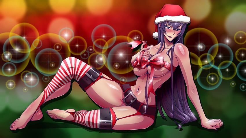 belly_piercing blush breasts christmas female garter_belt garter_straps hi_res highschool_of_the_dead hourglass_figure kantarella large_breasts long_hair looking_at_viewer open_mouth piercing purple_hair ribbon ribboned_body saeko_busujima santa_hat shiny_skin solo thighhighs whentai