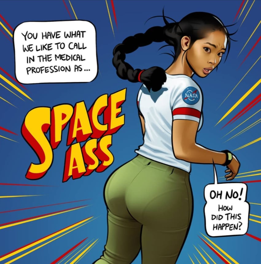 1girls asstronaut astronauts athena1 big_ass english english_text female female_only from_behind pin_up ponytail solo solo_female space