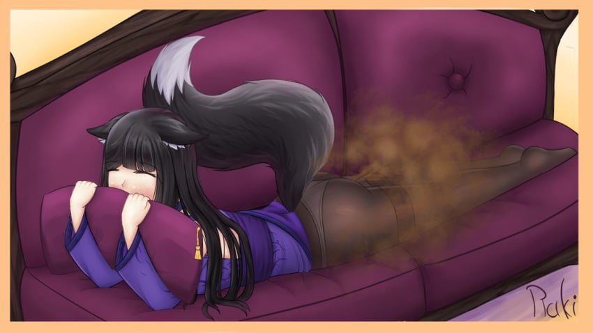 1girls ass black_hair black_tail blush closed_eyes couch fart fart_cloud fart_fetish farting female female_focus female_only fox_ears fox_girl fox_tail long_hair on_couch panties_under_pantyhose pantyhose pillow raki991 tsuki_(raki991)