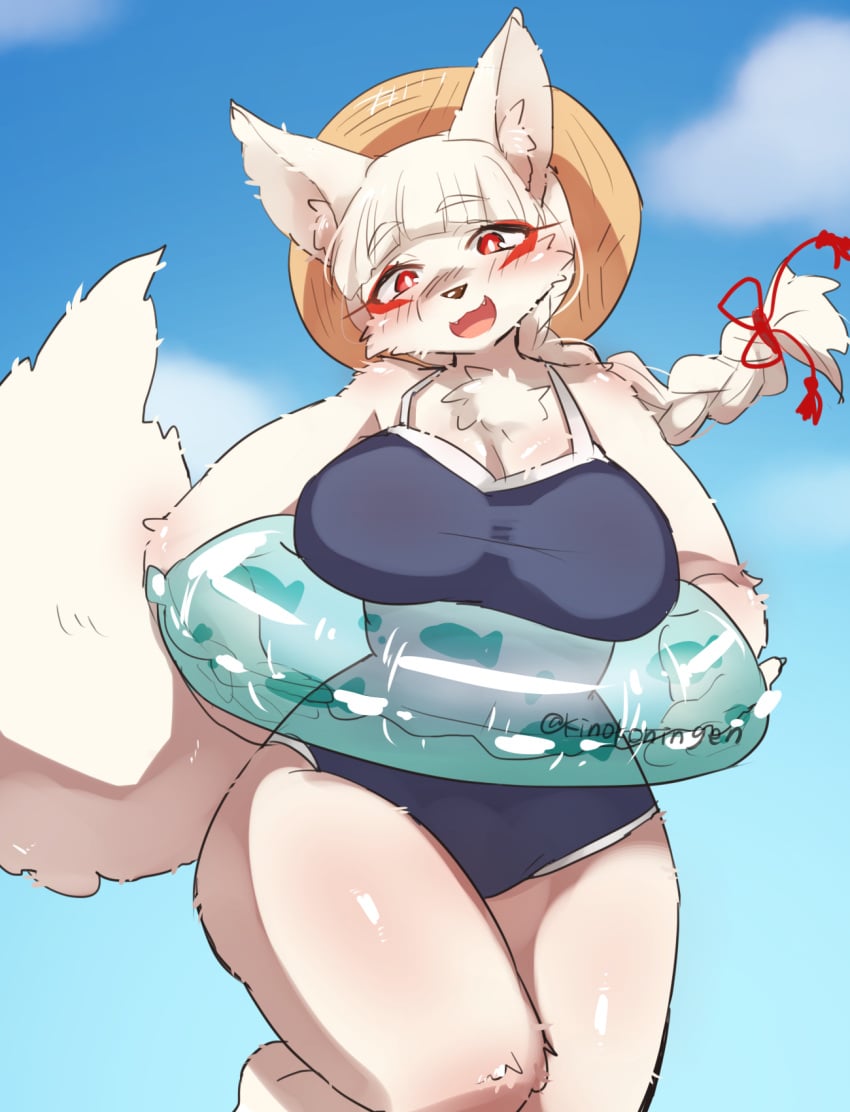 anthro breasts canine curvaceous female female fox fur furry high_resolution high_school_inari_tamamo-chan! large_breasts long_hair mammal one-piece_swimsuit red_eyes solo swimsuit tail tamamo_fushimi white_fur