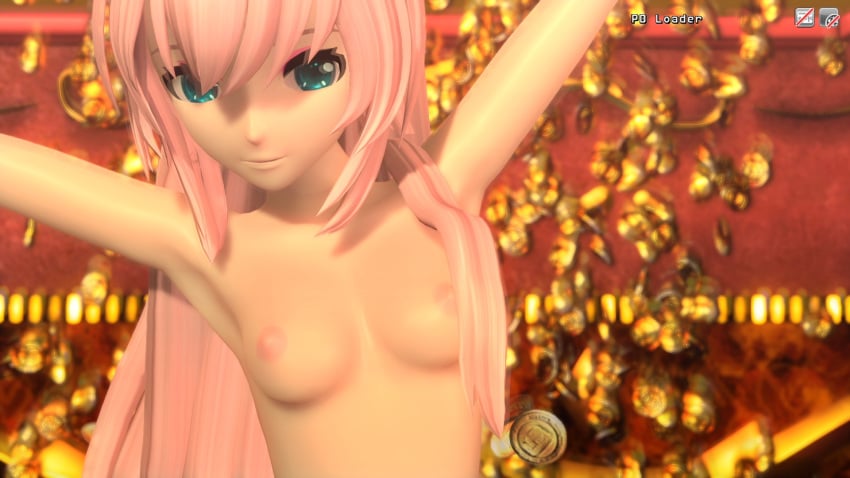 3d blue_eyes breasts dancing fishbones looking_at_viewer megurine_luka naked nipples nude_female pink_hair project_diva smile vocaloid