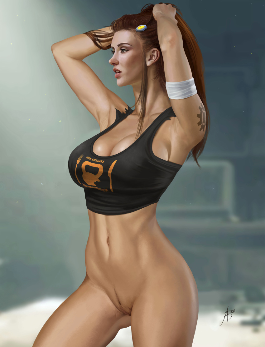 2d arion69 armpits arms_up bottomless brigitte brown_hair hands_behind_head holding_hair large_breasts overwatch pinup pinup_pose pose posing pubic_hair pussy red_hair standing tagme tank_top