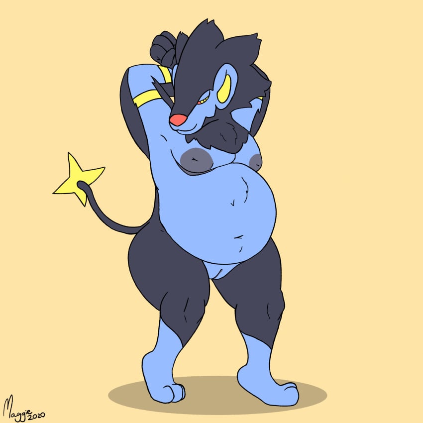 1:1 andromorph anthro ass baron_montesque belly black_body black_fur blue_body blue_fur cuntboy felid feline fluffy fur genitals half-closed_eyes hi_res intersex inverted_nipples luxray male mammal narrowed_eyes navel nintendo nipples overweight overweight_anthro pokémon_(species) pokemon pokemon_(species) pussy scar solo standing stretching video_games