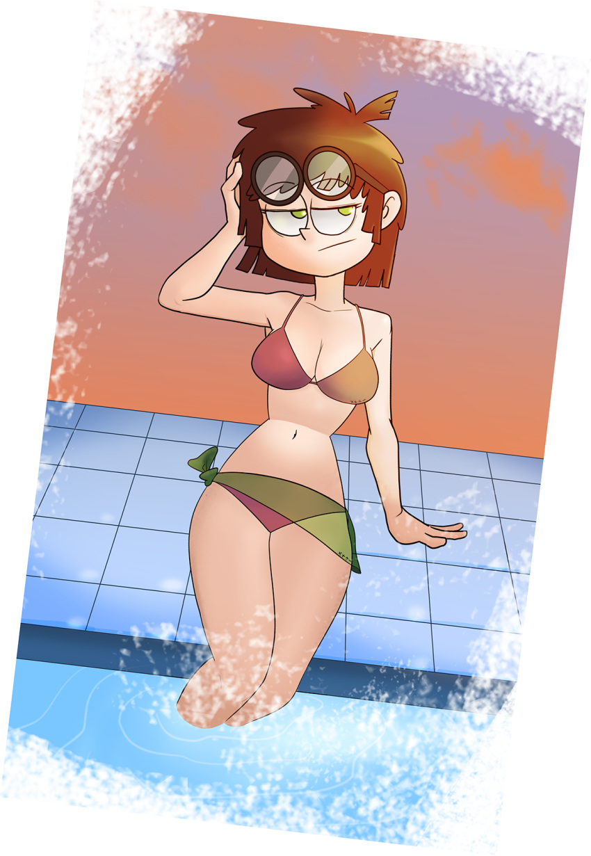 1girls aged_up bikini bob_cut breasts brown_hair cleavage female female_only frown glasses green_eyes lisa_loud looking_to_the_side older pool poolside solo solo_female solo_focus straight_hair swimsuit swimwear the_loud_house thighs uninterested water