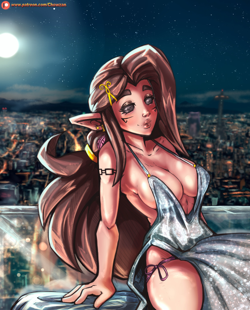 big_breasts black_sclera brown_hair charlotte_mors city cleavage cocktail_dress dress ear_piercing earrings elf_ears fit fit_female hair_ornament hairclip lipstick long_hair makeup markings night nymph original_character panties partially_clothed patreon patreon_username pink_panties plump pointy_ears reliusmax revealing_clothes sparkles tattoo tattooed_arm thick_lips url voluptuous