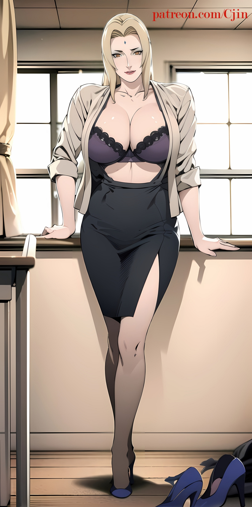 1girls ai_generated big_breasts bra breasts breasts_out cjin cleavage curvaceous full_body heels high_heels hourglass_figure huge_breasts large_breasts lingerie lipstick long_hair makeup mature mature_female mature_woman milf nai_diffusion naruto naruto_(series) naruto_shippuden open_clothes open_shirt oppai sagging_breasts shirt skirt sleeves_rolled_up smile solo solo_focus stable_diffusion teacher tsunade underwear voluptuous voluptuous_female