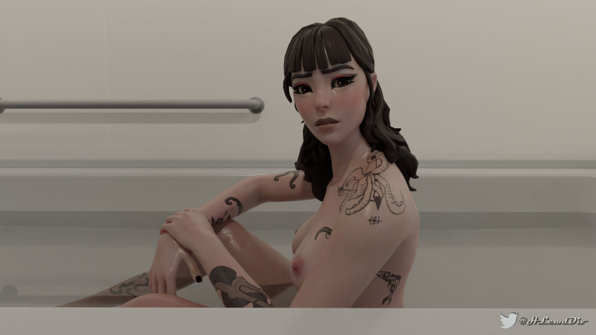 1girls 3d bath bathing bathroom black_nails breasts completely_nude completely_nude_female female female_only fortnite hlewdiv long_hair nail_polish nipples phaedra_(fortnite) pov_eye_contact sitting solo tagme tattoo wet wet_skin