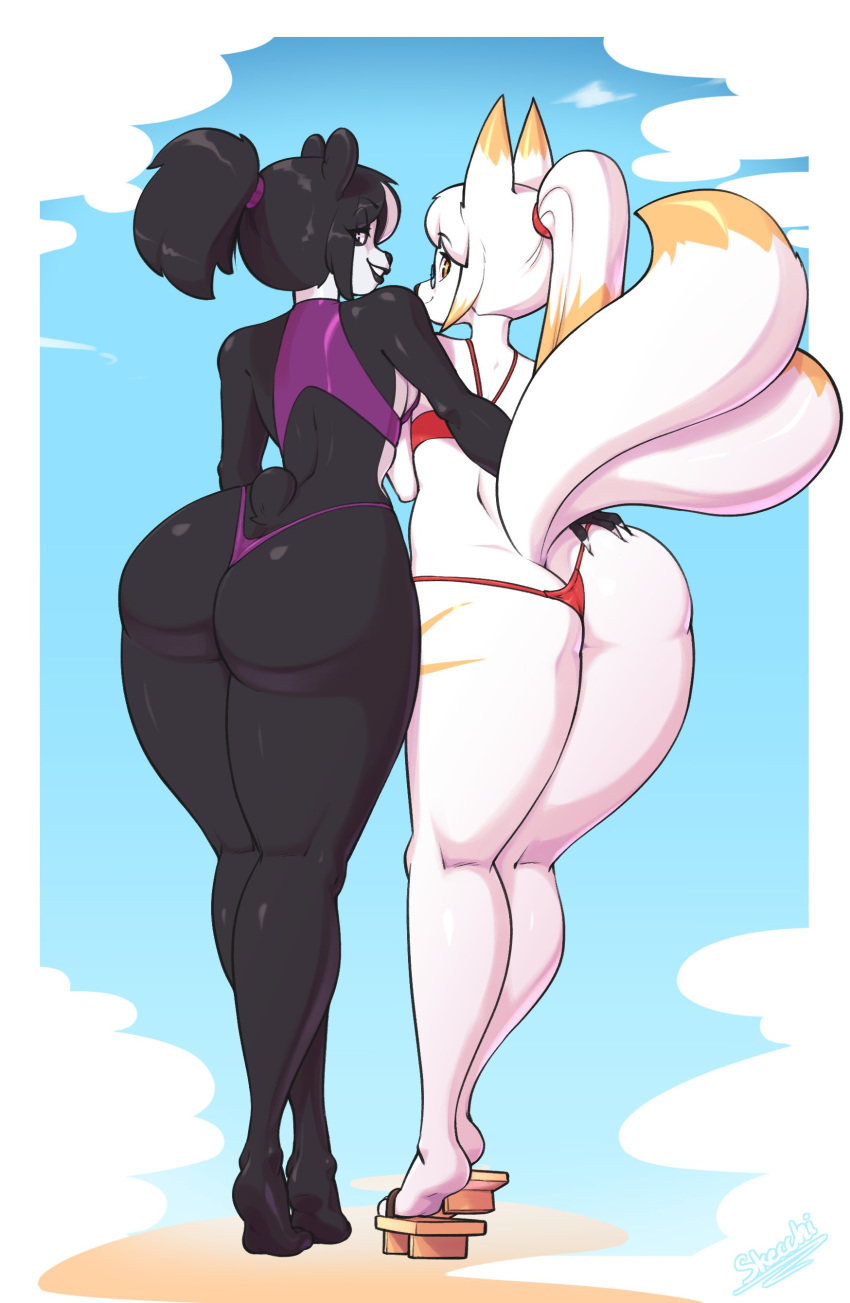 2_tails 2girls aceymari amber_eyes animal_ears anthro ass ass_cleavage ass_focus back_view barefoot bear_ears bikini black_eyes black_fur black_hair black_lips black_nose butt_crack canid canine female female_only fluffy_tail fox fox_ears fox_girl fur furry giant_panda glasses hand_on_another's_hip looking_back multiple_tails panda panda_girl ponytail riko_(aceymari) round_ass sandals short_tail side_hug skecchiart tail thick_thighs two_tone_fur ursid very_high_resolution vivian_vivi_(skecchiart) white_fur white_hair wide_hips