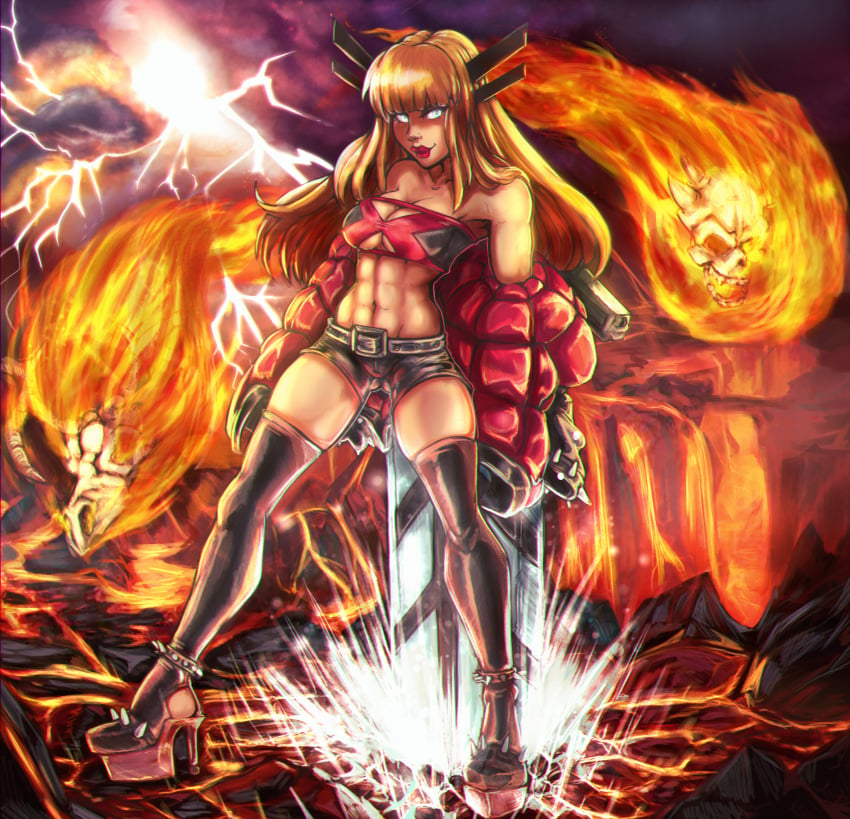 abs blonde_hair breasts cleavage comic demon fire fit fit_female heels hell high_heels illyana_rasputin jacket lava leggings long_hair magik_(illyana_rasputin) marvel marvel_comics muscles muscular reliusmax shorts six_pack skull sword tubetop volcanic_setting x-men