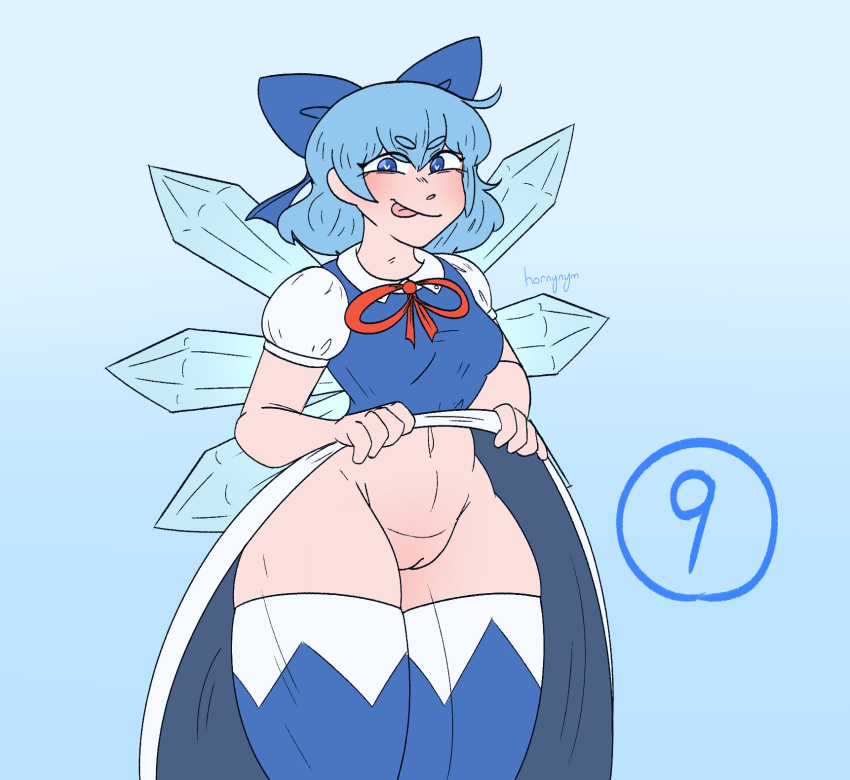 1girls absolute_territory blue_eyes blue_hair cirno clothed clothing cowboy_shot dress dress_lift eyebrows_visible_through_hair female female_only half-closed_eyes hornynym humanoid looking_at_viewer no_panties partially_clothed presenting pussy simple_background skindentation smile smug solo thick_thighs thighhighs three-quarter_portrait touhou vagina wide_hips