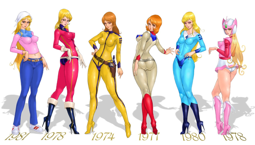 6+girls 70s 80s aurora_(starzinger) bandana belt blonde_hair bodysuit boots breasts crossover curvaceous danguard_ace female gloves helmet high_heels holster human kei_yuki large_breasts leijiverse light-skinned_female light_skin lineup lisa_kirino long_hair looking_at_viewer orange_hair panties pants pilot_suit princess queen_millennia sasha_kodai shirt skin_tight skirt space_battleship_yamato space_pirate_captain_harlock standing starzinger thick_thighs wide_hips yayoi_yukino yuki_mori zen_and_retro