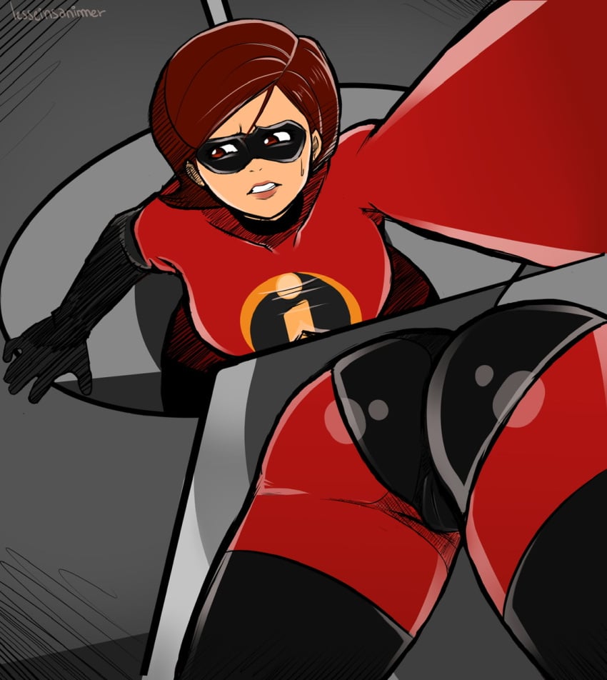 ass ass_focus bodysuit canonical_scene disney elastigirl helen_parr lesseinsanimer mask pixar smooth_skin stuck stuck_in_door syndrome's_guard the_incredibles tight_clothing