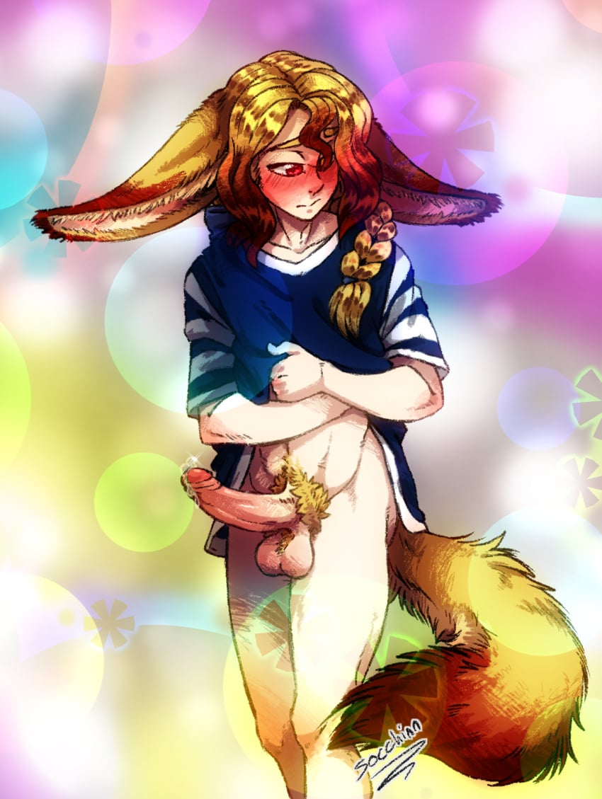 1boy animal_humanoid big_ears big_penis blonde_hair blush blushing_profusely bodily_fluids bottomless braided_hair brown_hair canid canid_humanoid canine canine_humanoid clothed clothing clothing_lift colorful_background dripping_penis dripping_precum ears_down embarrassed erection fennec fennec_humanoid fluffy fluffy_tail foreskin fox fox_humanoid fox_tail fur genital_fluids genitals girly hair heterochromia hi_res humanoid ichihara_hoshiko_(socchinn) large_shirt long_hair looking_away male male_only mammal mammal_humanoid pale_skin penis pivoted_ears precum pubes red_eyes shirt shirt_lift shy signature socchinn solo t-shirt topwear yellow_body yellow_eyes yellow_fur