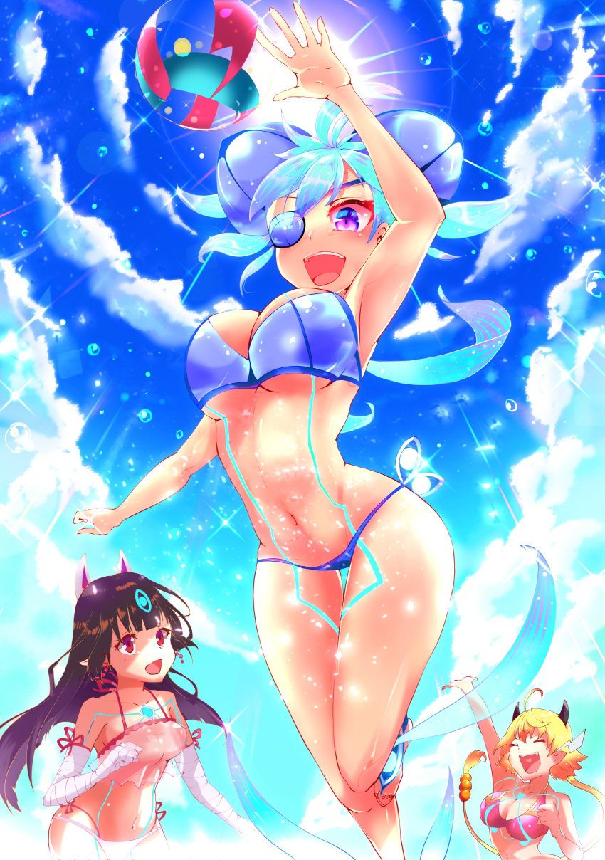 3girls absurd_res armpits arms_up bikini black_hair blue_hair eye_patch kasandra_(xenoblade) kora_(xenoblade) large_breasts nintendo praxis_(xenoblade) risumi_(taka-fallcherryblossom) swimsuit xenoblade_(series) xenoblade_chronicles_2