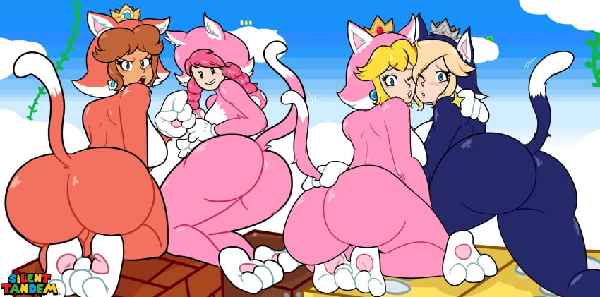 4girls alternate_breast_size animal_ears animal_feet animal_hands animal_legs ass ass_focus back back_view backboob big_ass big_breasts big_butt big_thighs blonde_hair blue_eyes blush bottom_heavy braided_hair breasts brick_block brown_hair bubble_ass bubble_butt butt butt_focus cat_costume cat_daisy cat_ears cat_paws cat_peach cat_print cat_rosalina cat_suit cat_tail cat_toadette clothed clothed_female colored crown dat_ass earrings eyebrows_visible_through_hair female female/female female_focus female_only fully_clothed hair_over_one_eye hearts highres huge_ass huge_butt huge_thighs human human_only humanoid large_ass large_breasts large_butt large_thighs lesbian light-skinned_female light_skin lips lipstick long_hair looking_at_viewer looking_back looking_back_at_viewer mario_(series) motion_lines multiple_girls nintendo one_eye_closed outdoors outside pale-skinned_female pale_skin pearl_earrings pink_hair platinum_blonde_hair presenting presenting_hindquarters princess princess_daisy princess_peach princess_rosalina royalty seductive sexually_suggestive sideboob silenttandem star_earrings super_mario_3d_world super_mario_bros. sy tail teal_eyes teeth thick thick_ass thick_thighs thighs toadette video_games wide_hips yuri