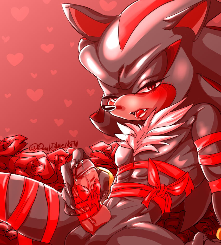 absurd_res anthro balls black_body black_fur black_nose blush bodily_fluids chest_tuft claws countershading darkblue erection eulipotyphlan fangs flower fur genital_fluids genitals hair half-closed_eyes hand_on_penis heart hedgehog hi_res humanoid_genitalia humanoid_penis looking_at_viewer lying male male_only mammal narrowed_eyes on_back pecs penis plant precum red_background red_body red_eyes red_fur red_hair ribbons rose_(flower) shadow_the_hedgehog signature simple_background solo sonic_(series) sonic_the_hedgehog_(series) tan_body tan_countershading tan_skin tongue tongue_out tuft video_games white_body white_fur