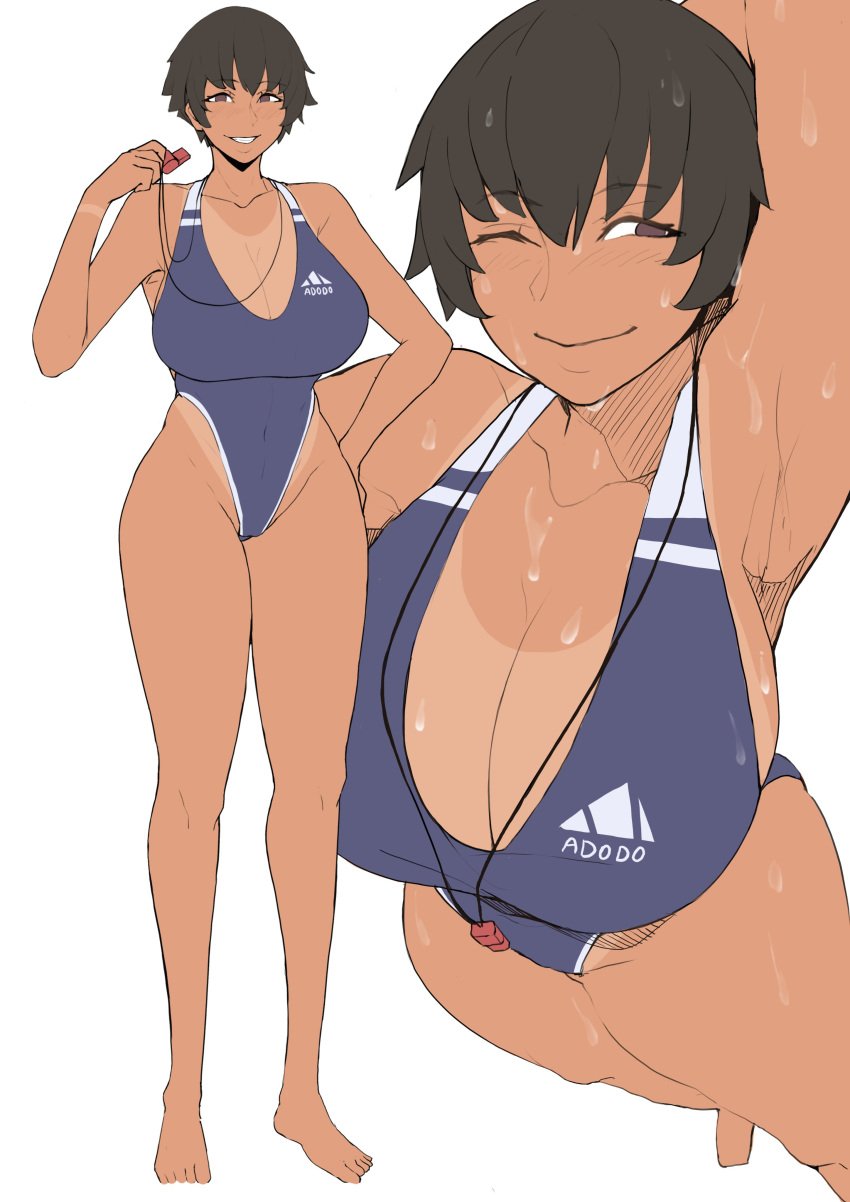 1girls armpits arms_up blush brown_hair cleavage dark-skinned_female dark_skin huge_breasts nodo one-piece_swimsuit original original_character short_hair solo sweat tan_skin tanline tanlines thick_thighs tomboy toned top_heavy waan_(puzenketsu) whistle wink