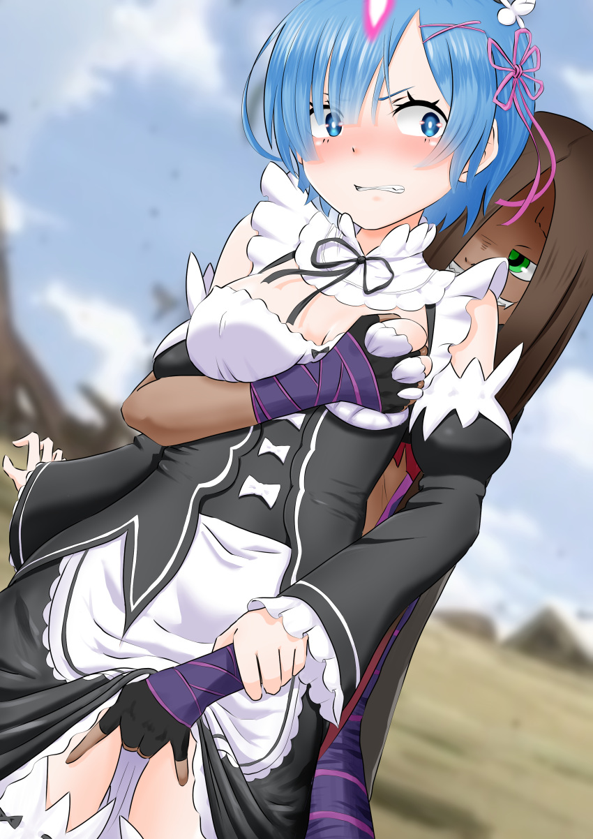 1boy 1girls absurdres apron bangs between_legs black_ribbon blue_eyes blue_hair blurry blurry_background blush breast_grab breasts cleavage clenched_teeth commentary_request cowboy_shot detached_sleeves dress frills grabbing grabbing_from_behind groping hair_ornament hair_over_one_eye hair_ribbon hand_between_legs highres juliet_sleeves long_sleeves lye_batenkaitos maid maid_dress maid_headdress medium_breasts neck_ribbon outdoors pink_ribbon puffy_sleeves re:zero_kara_hajimeru_isekai_seikatsu rem_(re:zero) ribbon ribbon-trimmed_clothes ribbon-trimmed_legwear ribbon-trimmed_sleeves ribbon_trim roswaal_mansion_maid_uniform short_hair sirokohi smile solo_focus teeth thighhighs white_apron white_legwear x_hair_ornament