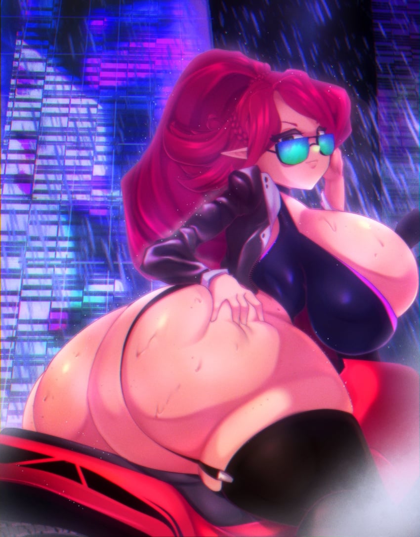 1girls adjusting_glasses ass breasts curvy cyberpunk dat_ass detailed_background elf from_behind garter_straps glasses grabbing_own_ass green_eyes hourglass_figure huge_ass huge_breasts jacket large_ass large_breasts long_hair looking_at_viewer looking_back lysanna_d'grimoire motorcycle pointy_ears ponytail rain red_hair sheepus skindentation solo thighhighs voluptuous wet wide_hips