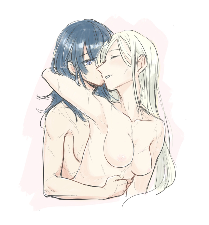 2girls blue_eyes blue_hair byleth_(fire_emblem) byleth_(fire_emblem)_(female) closed_eyes completely_nude edelgard_von_hresvelg female_only fire_emblem fire_emblem:_three_houses long_hair medium_hair multiple_girls nintendo nude nude_female riromomo scar smile teal_hair white_hair yuri