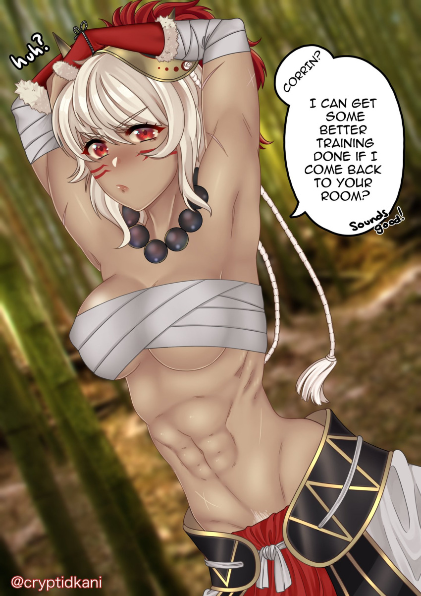 1boy 1girls abs armpits arms_above_head arms_behind_head bandage big_breasts blush corrin_(fire_emblem) corrin_(fire_emblem)_(male) cryptid_crab dark-skinned_female dialogue english_text female fire_emblem fire_emblem_fates large_breasts medium_hair muscular muscular_female nintendo pubic_hair red_eyes rinkah_(fire_emblem) scar short_hair underboob white_hair