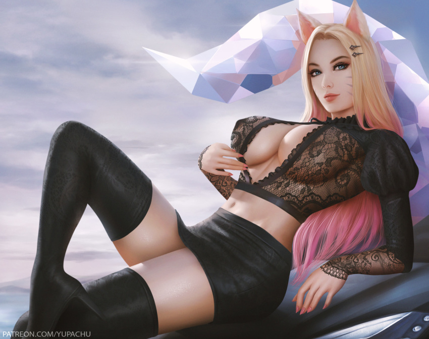 1girls ahri big_breasts blonde_hair breasts cleavage female female_only high_heel_boots high_heels k/da_ahri k/da_series large_breasts league_of_legends looking_at_viewer nipples nipples_visible_through_clothing pink_highlights riot_games solo the_baddest_ahri thighhighs yupachu