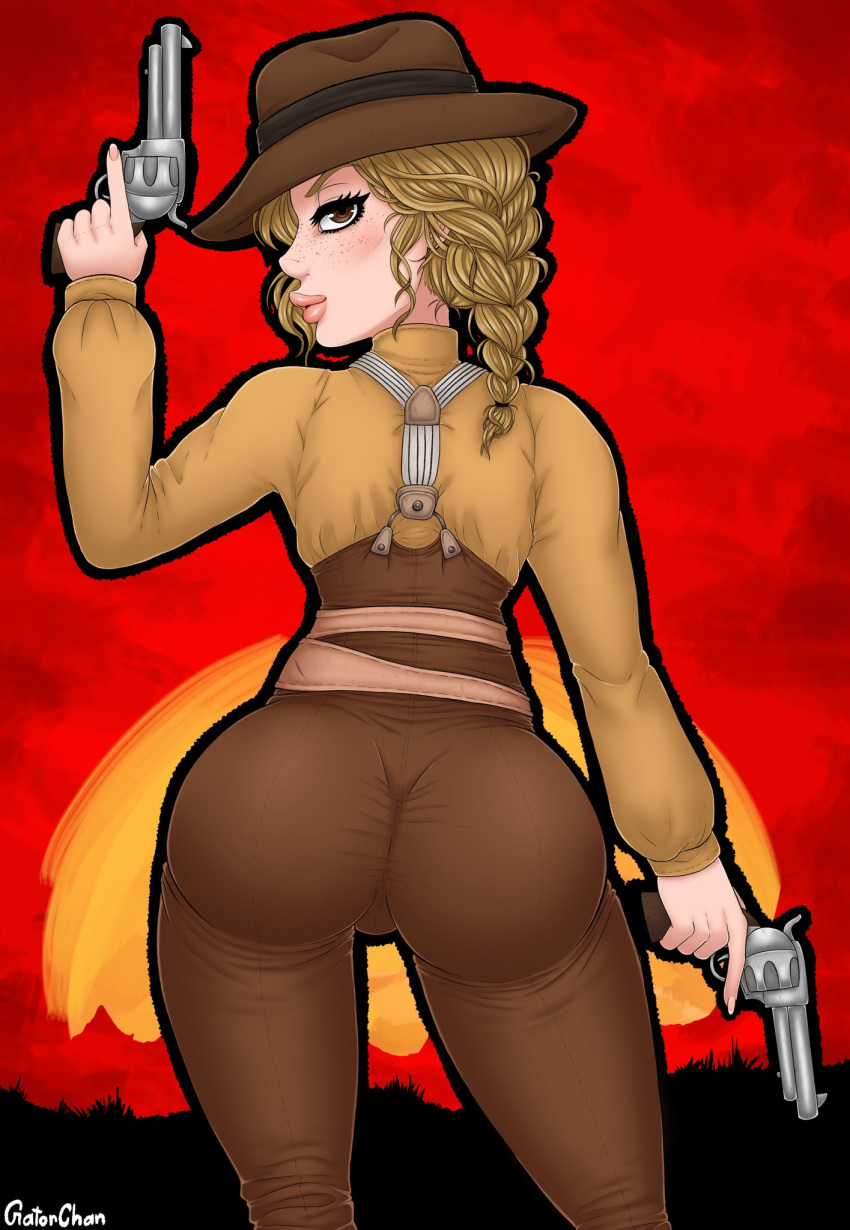 1girls apple_butt ass back back_view backside blonde_hair brown_eyes brown_pants bubble_ass bubble_butt clothed clothes clothing colt_1873 cow_girl curvaceous curves curvy curvy_body curvy_female curvy_figure curvy_hips eyelashes female female_focus female_only firearm freckles gatorchan gun guns handgun headwear human light-skinned_female light_skin looking_at_viewer looking_back pale_skin ponytail red_dead_redemption_(series) red_dead_redemption_2 revolver rockstar_games round_ass sadie_adler seductive seductive_look solo solo_female solo_focus suspenders waist watermark weapon wide_hips